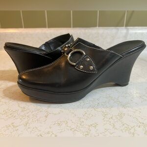 Cole Haan Black Leather Wedge Mules, Equestrian Silver Hardware, Size 8
